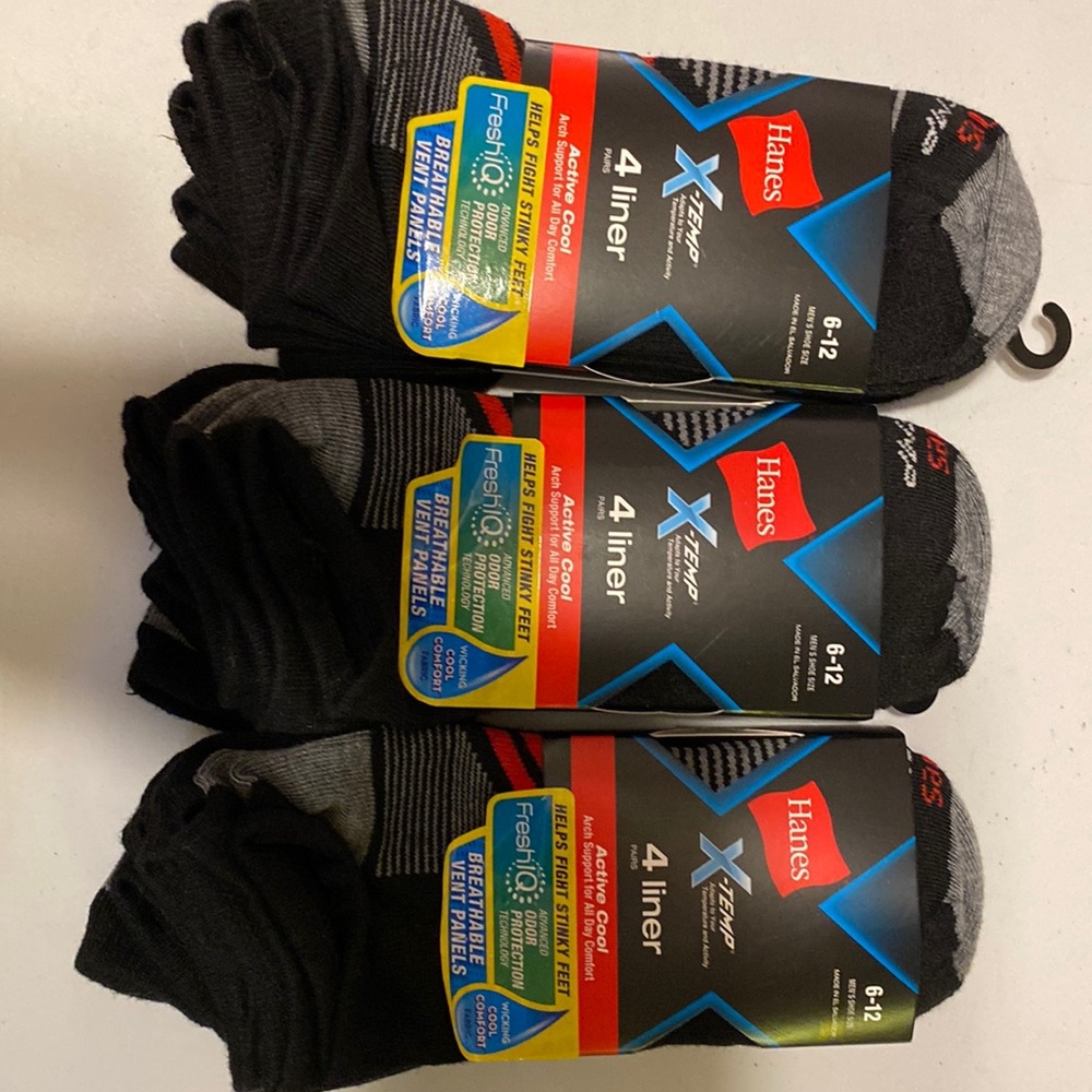 3 packages - men’s Hanes 4 pair packages of liner socks - 6-12 shoe size